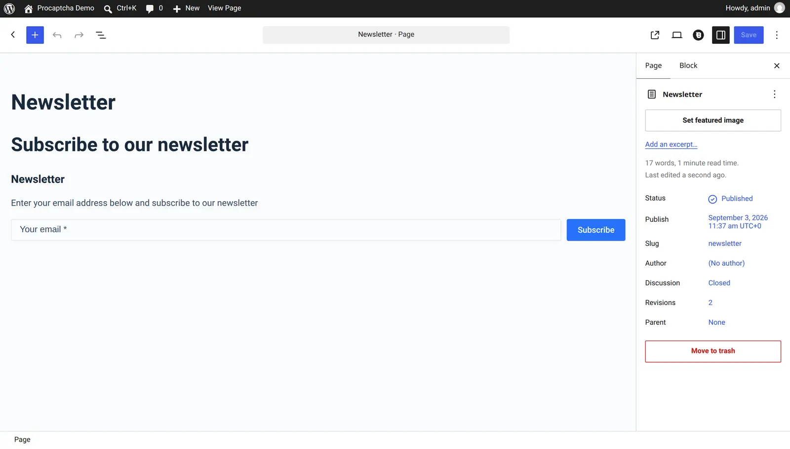 The Blocksy Newsletter block in the WordPress block editor