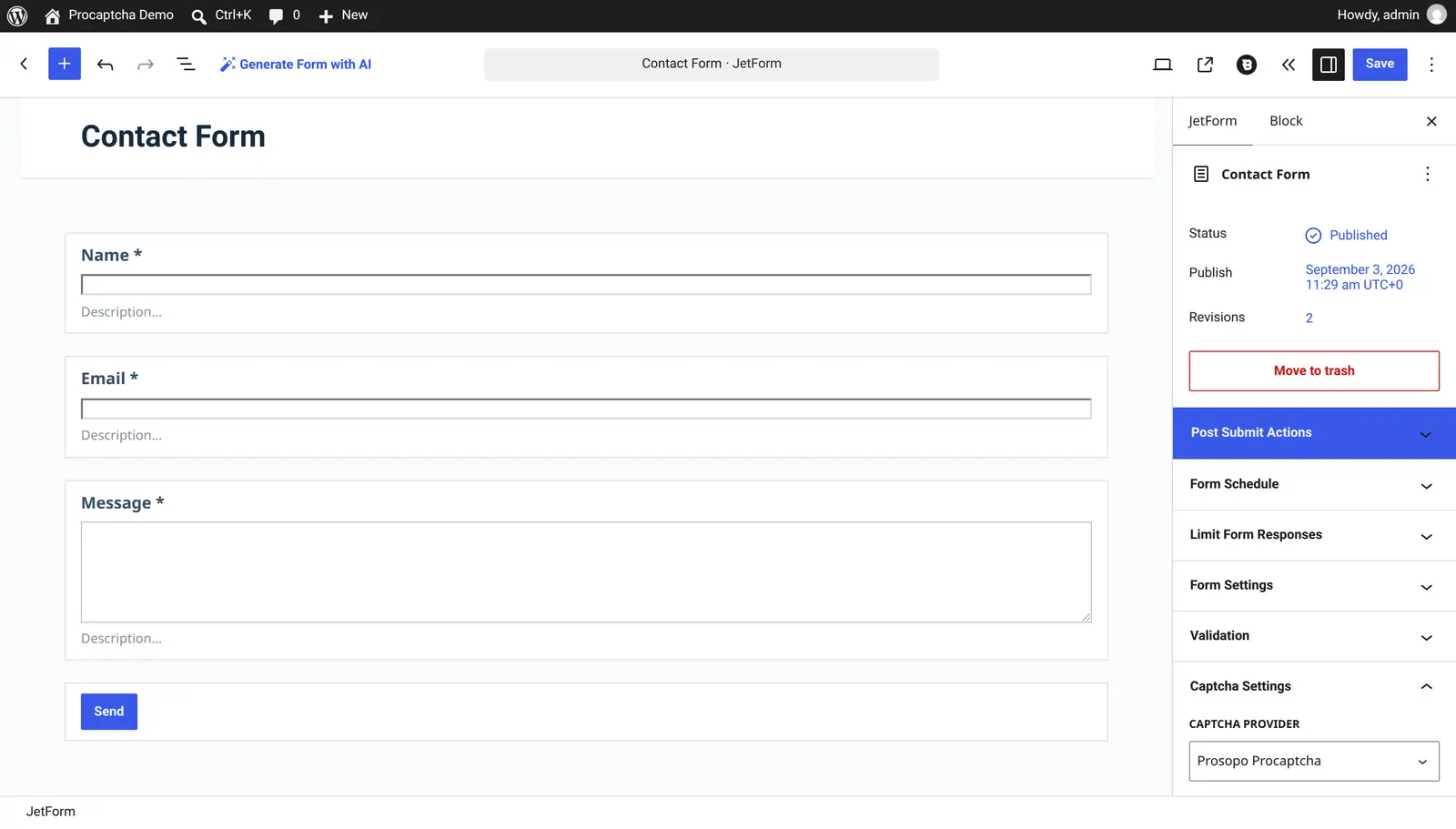 Selecting Prosopo Procaptcha as the Captcha Provider in the JetFormBuilder form editor