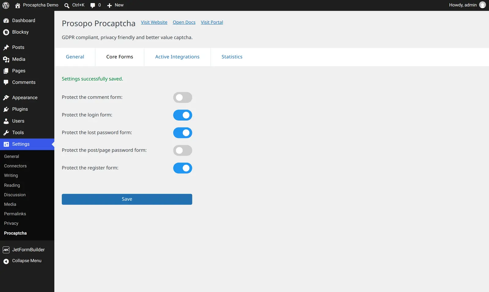 The Core Forms tab of the Procaptcha plugin settings, with login and lost password protection enabled